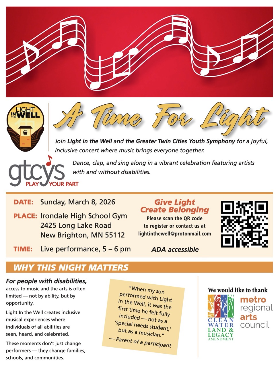 A Time for Light - Live performance March 8, 2026 from 5-6pm at Irondale High School Gym