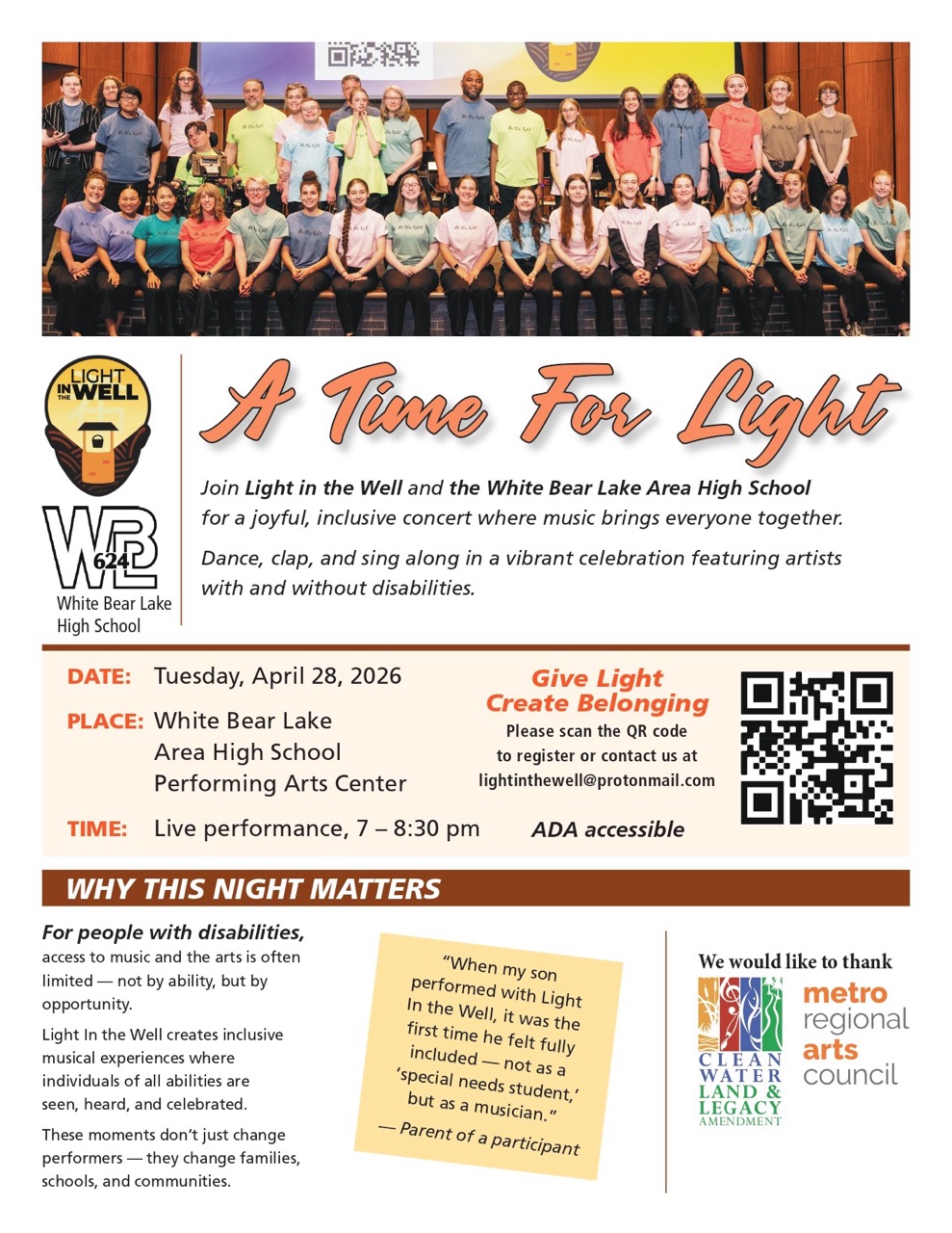 A Time for Light - Live performance April 28, 2026 from 7-8:30pm at White Bear Lake Area High School
